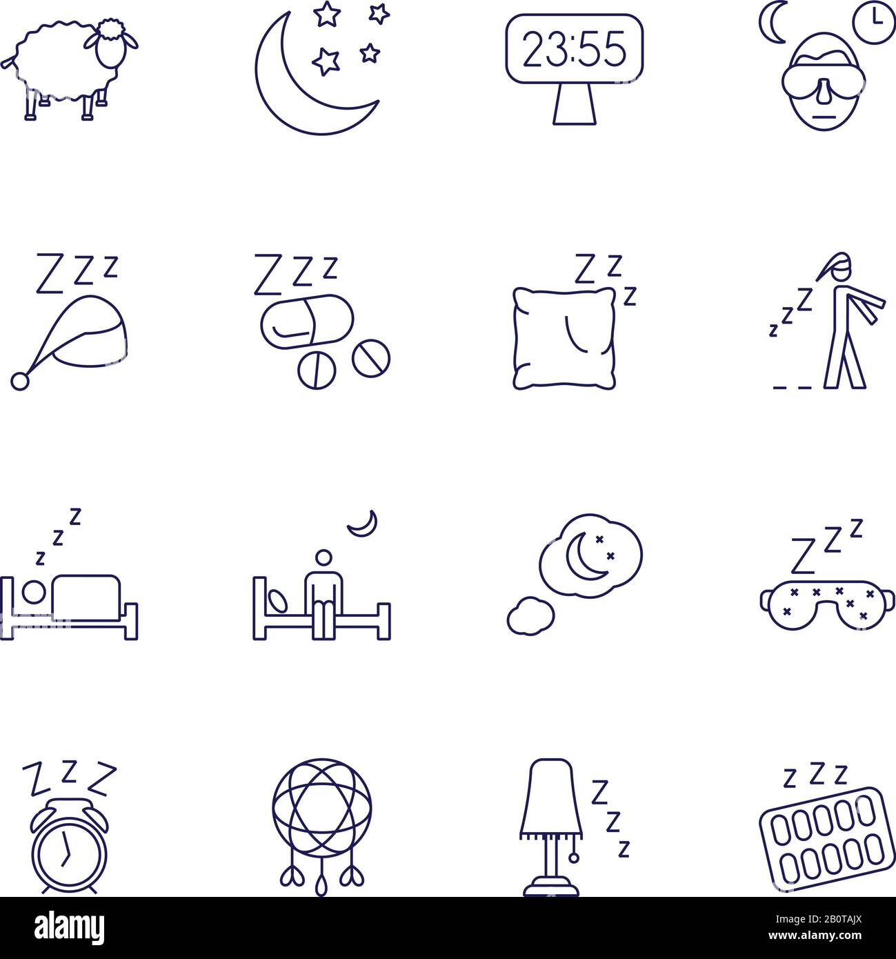 Insomnia problems icons and sleeping trouble vector signs. Set of sleep