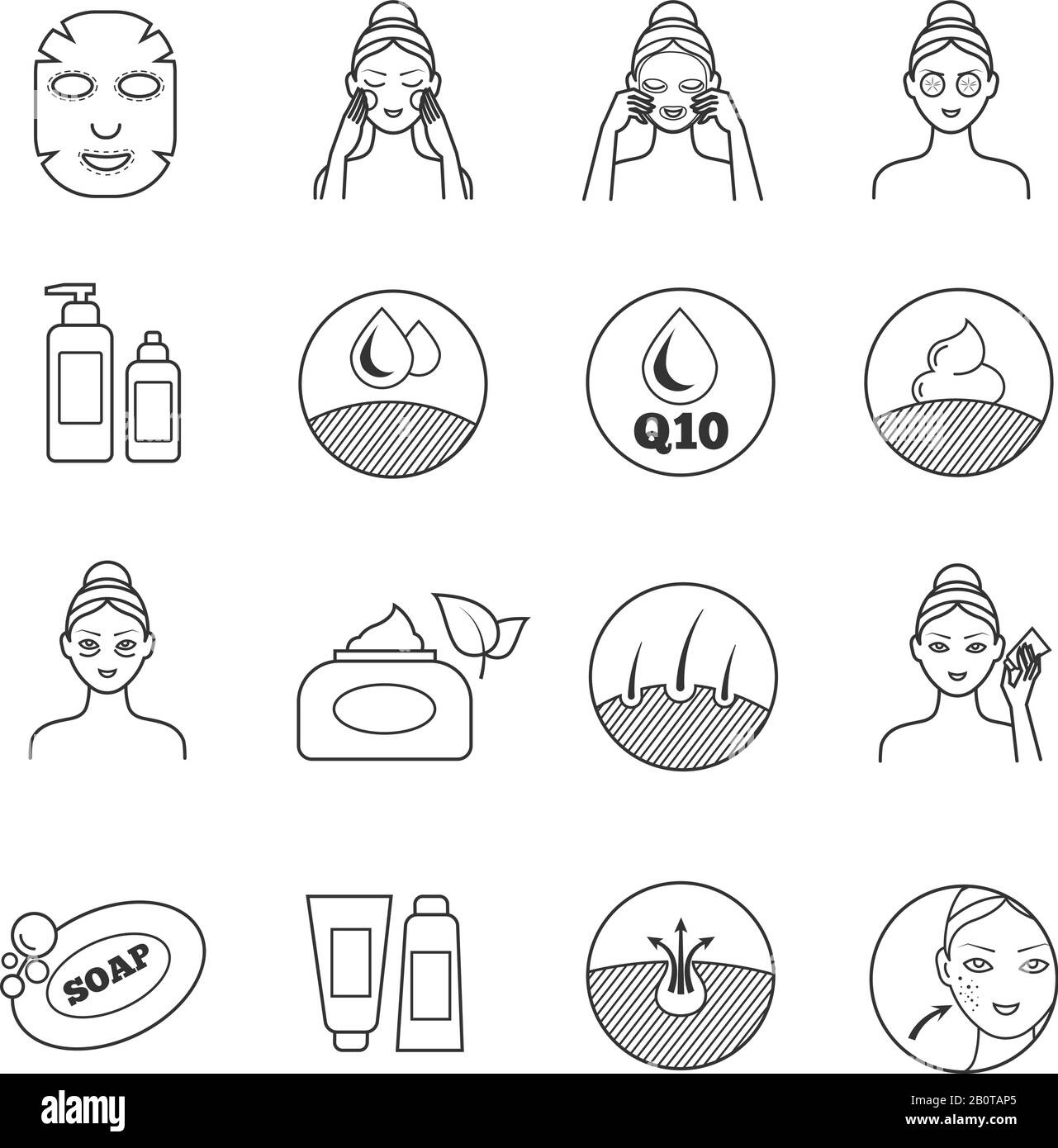 Skin care vector icons. Prevention of aging and eliminating of wrinkle pictograms. Cosmetic skin care, illustration of prevention of skin aging Stock Vector