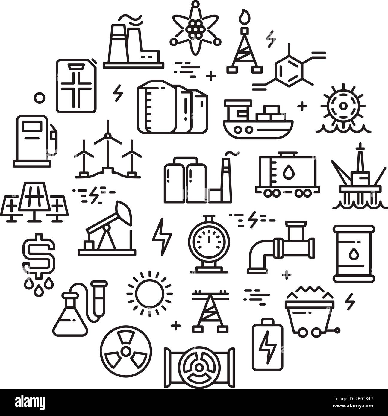 Energy, power and fuel vector line icons. Manufacture gas and oil badge, illustration of equipment industrial production oil Stock Vector