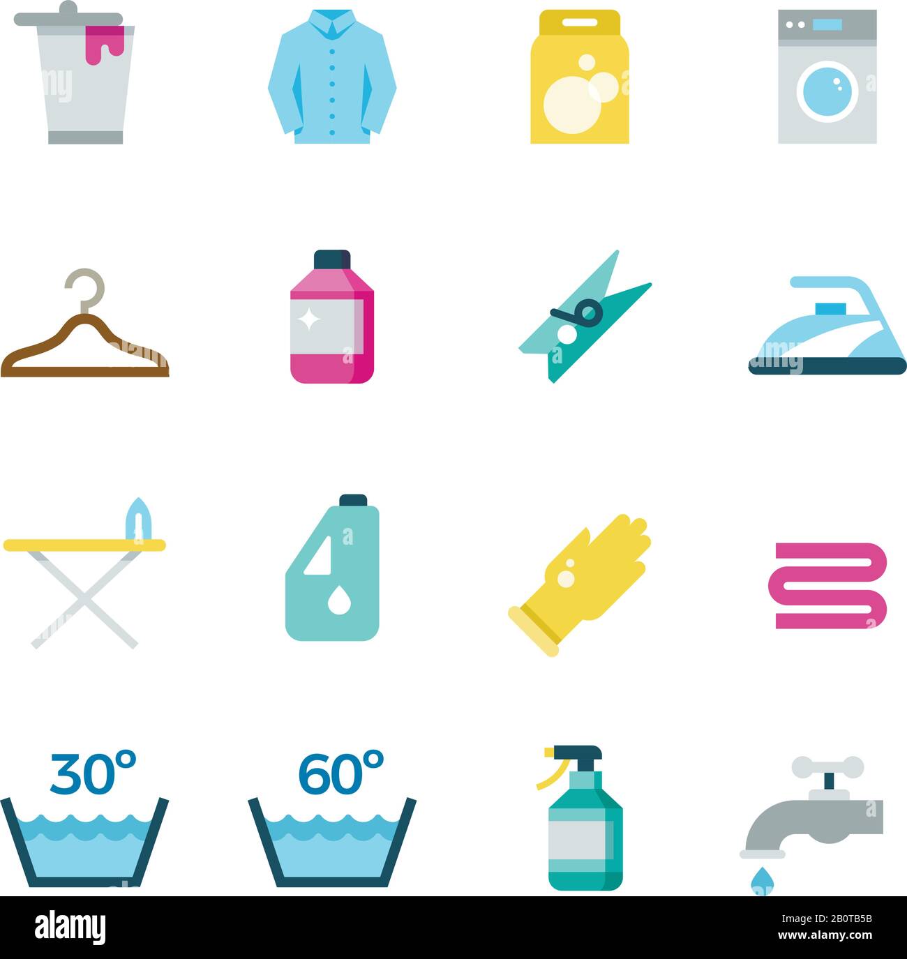 Household washing, drying and laundry vector flat icons. Cleaning and washing service icons, illustration of drying and washing temperature mode Stock Vector