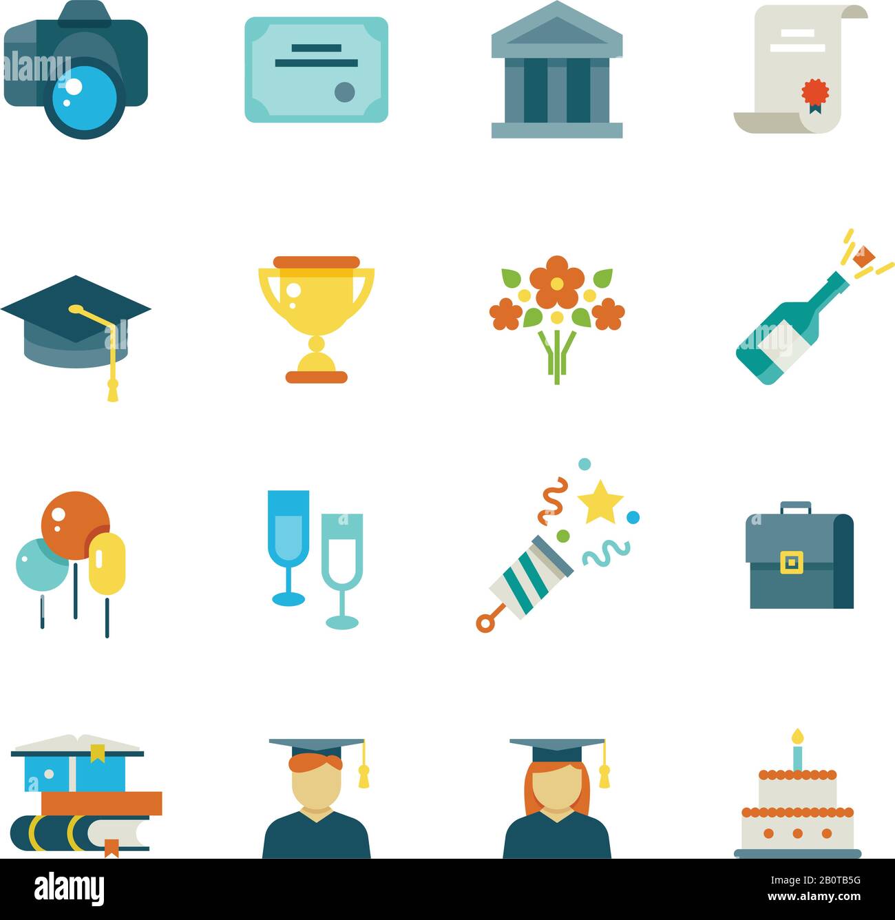 Graduate, student party college graduation vector flat icons. Award and achievement education, illustration of icons education Stock Vector