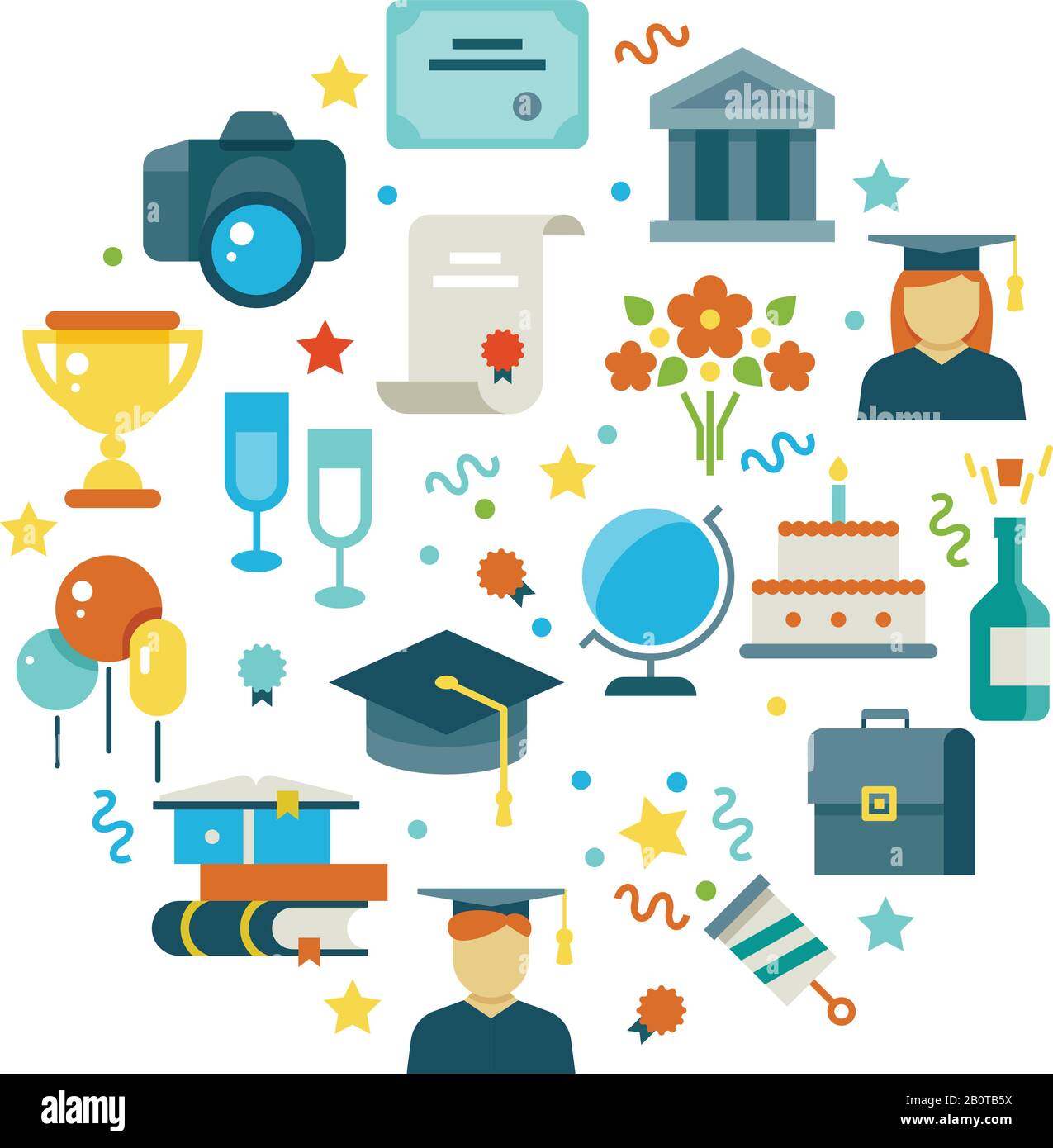 Graduation day and learning vector concept with graduate party icons. Graduation university and illustration of graduation college Stock Vector