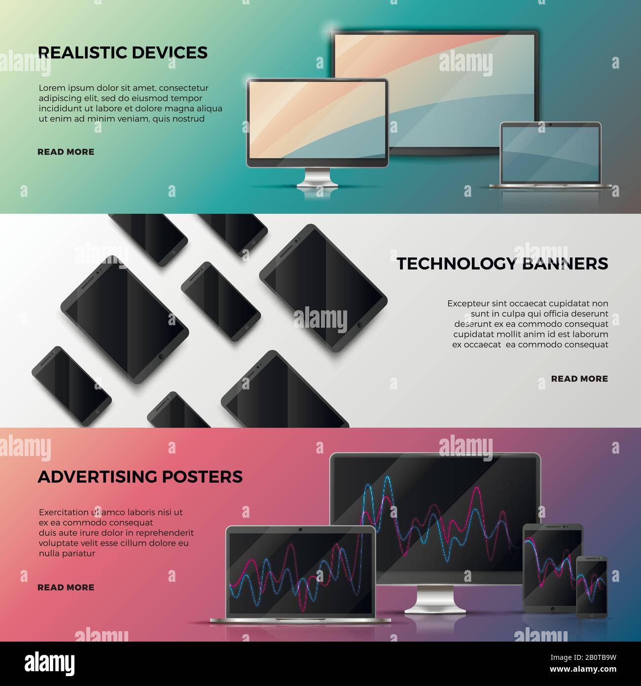 Advertising vector banners with computer screen, laptop and smartphone. Web banner with realistic device computer and laptop, illustration of technology banner Stock Vector
