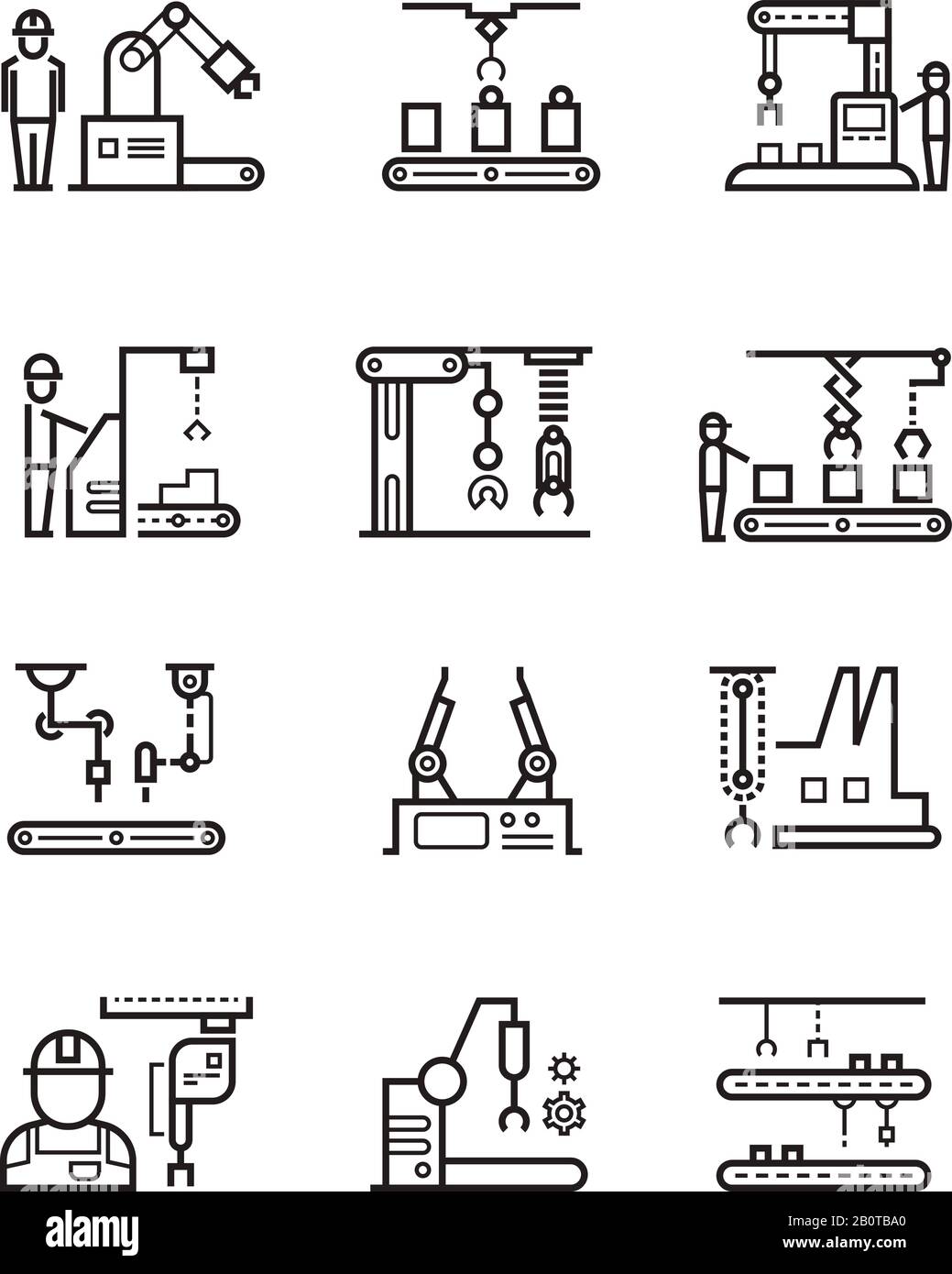 Robotic manufacturing assembly lines and automatic conveyor with manipulators line vector icons. Automatic production machine in work process, illustration of factory machine manufacturing Stock Vector
