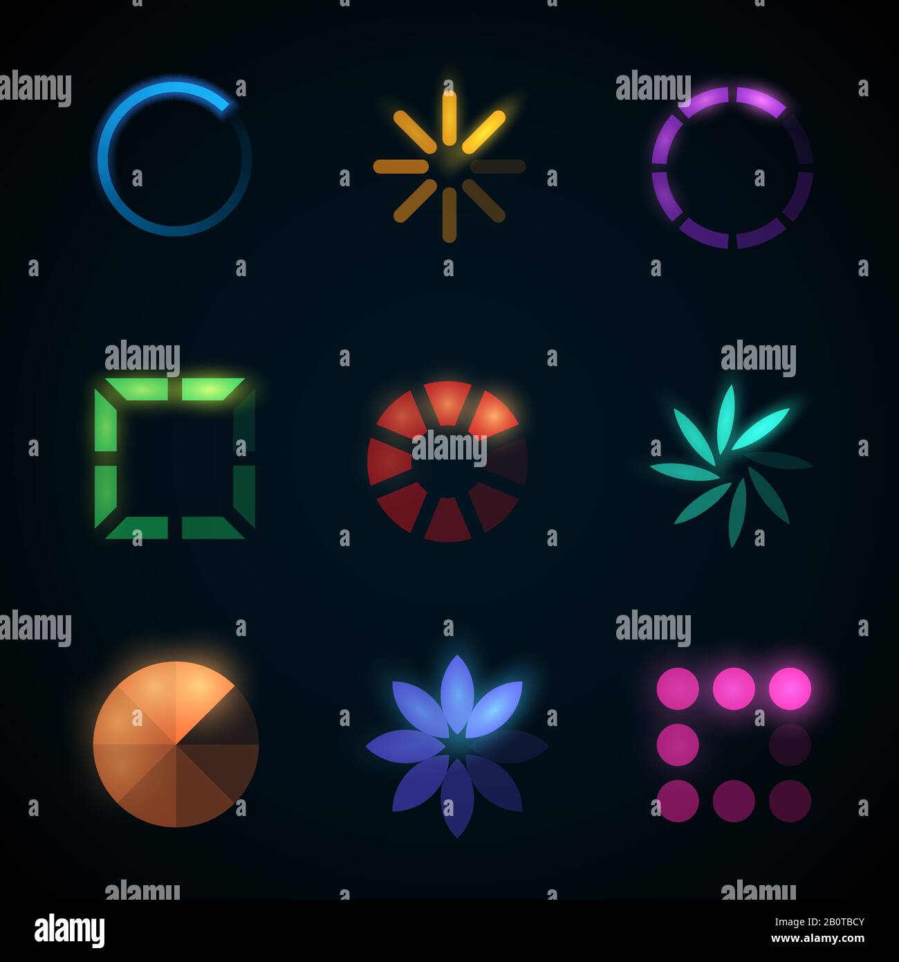 Loading progress bar and preloader vector icons. Progress colored upload interface, illustration of round downloading interface Stock Vector