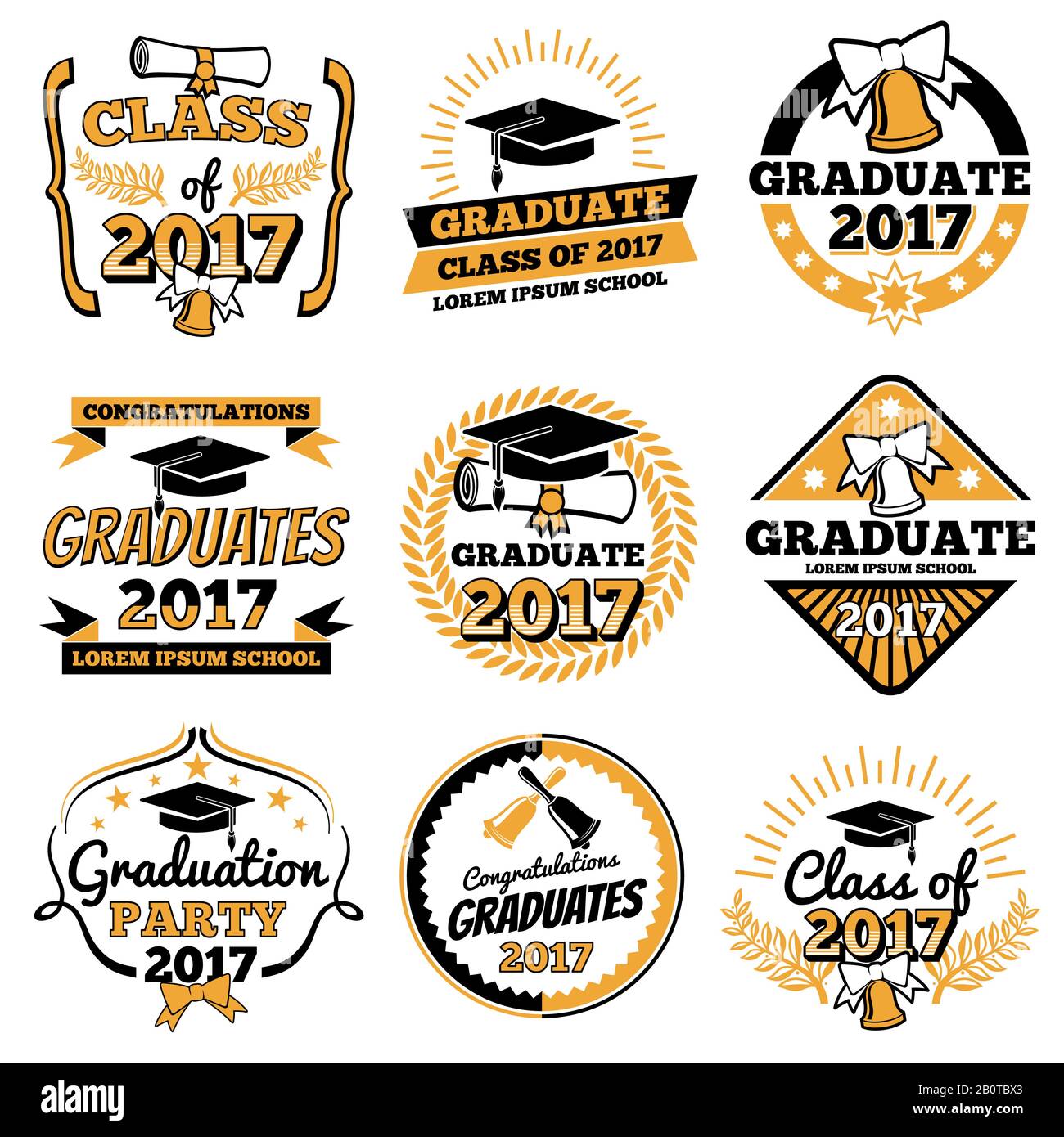 Vintage student graduate vector badges. Graduation celebration labels. Graduation celebration label, illustration of diploma and cap to ceremony Stock Vector
