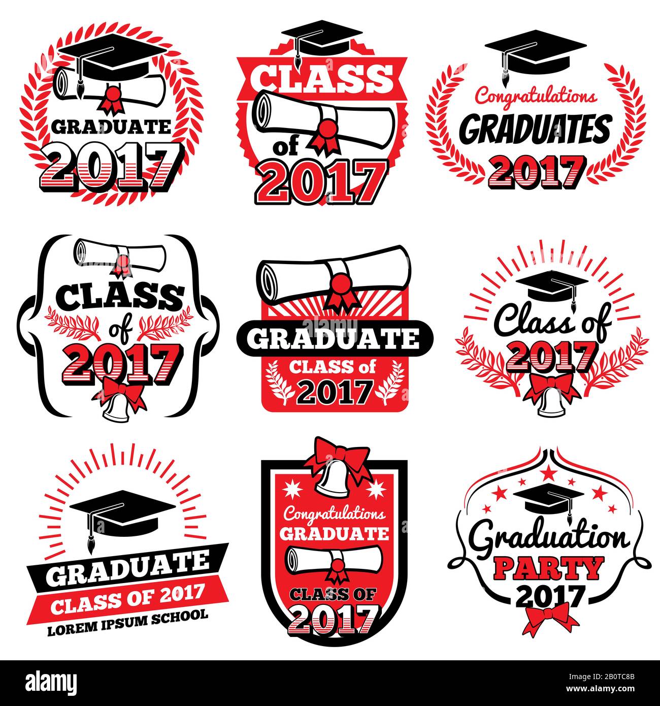 High school and college graduation, off to school vector logos and labels set. Graduation academy and illustration label to graduation college Stock Vector