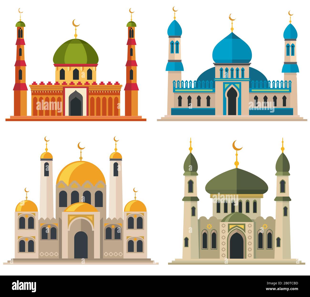 Arabic muslim mosques and minarets. Religious eastern architecture cartoon buildings. Islam architecture traditional, illustration of religious islam building Stock Vector