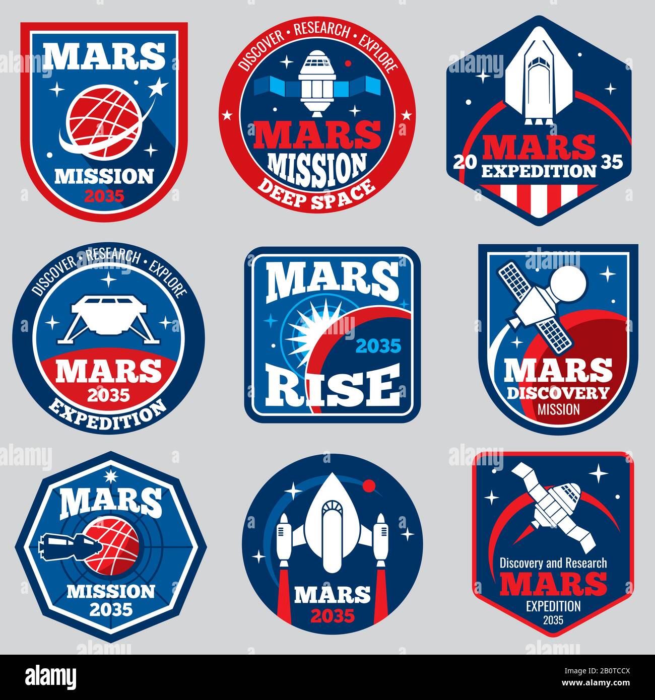 Mars mission vector space emblems. Astronaut travel badges. Set of labels travel to mars, illustration of adventure to planet mars Stock Vector