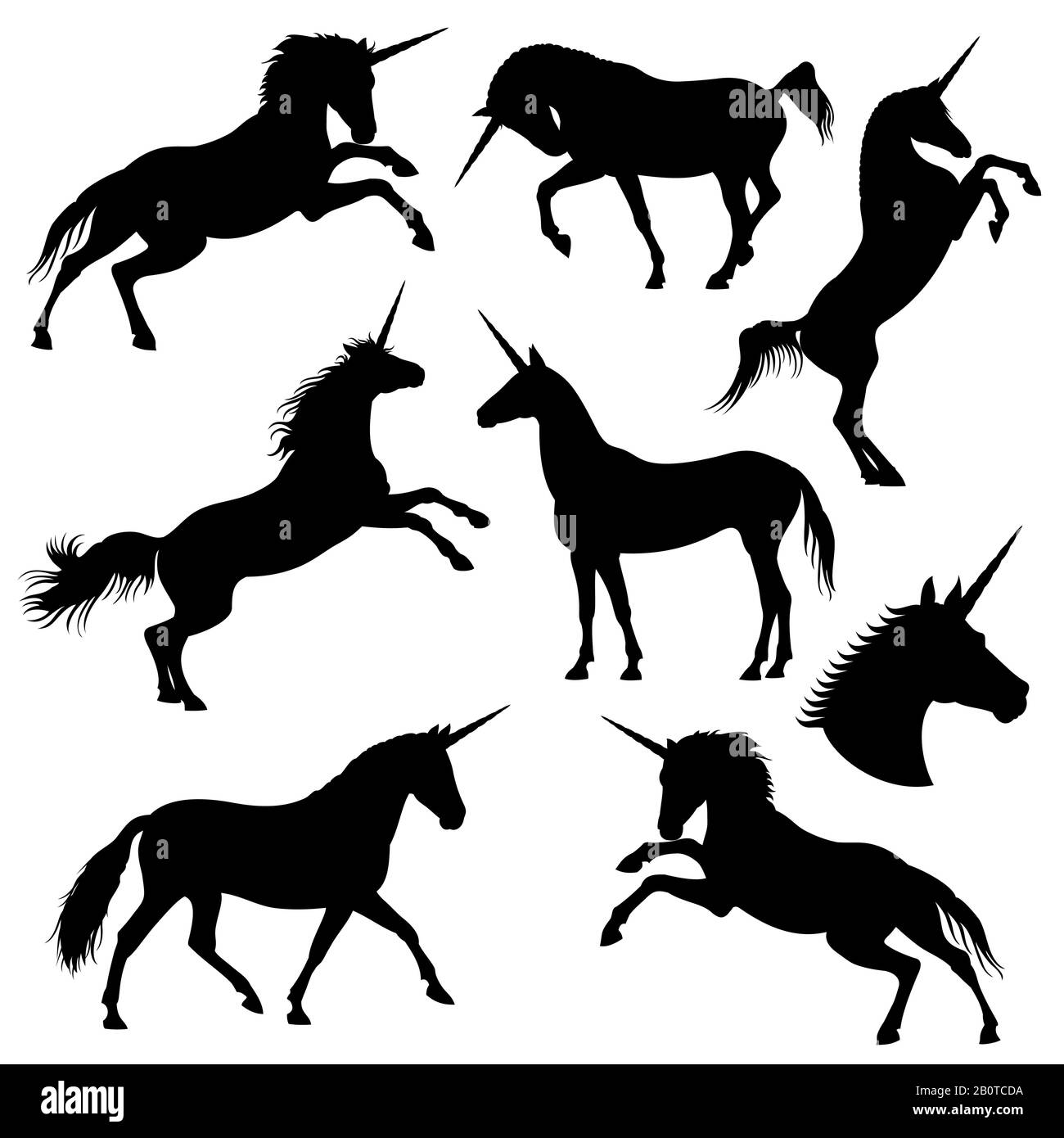 Mythical rebellious unicorn vector black silhouettes. Unicorn black form, illustration of fantasy horse unicorn Stock Vector
