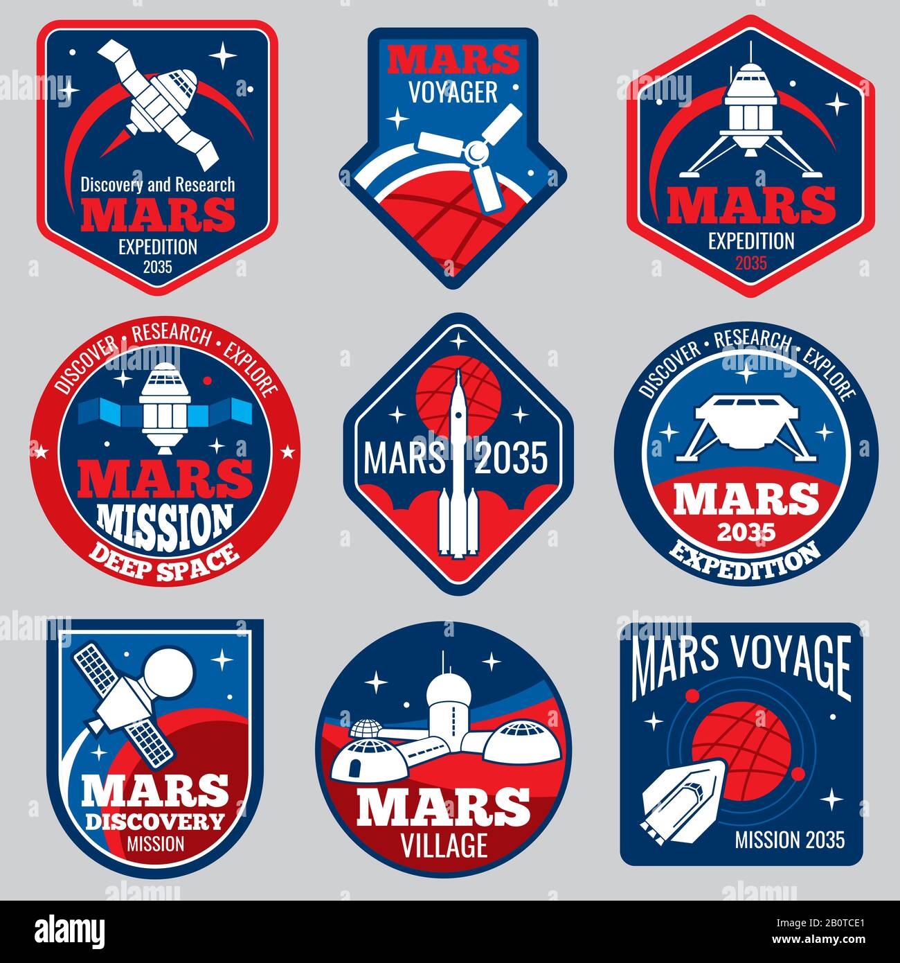 Mars colonization vector retro space logos and labels set. Exploration mars planet logo, emblem travel to mars illustration Stock Vector