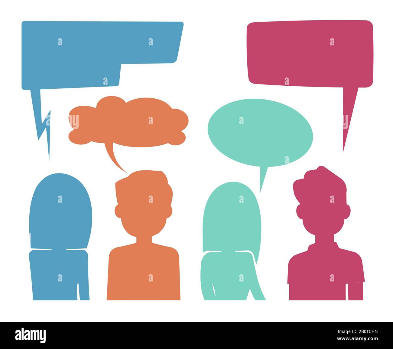 People heads with speech bubbles. Feedback and forum discussion vector concept. Communication people, illustration of colored speech bubble discussion people Stock Vector