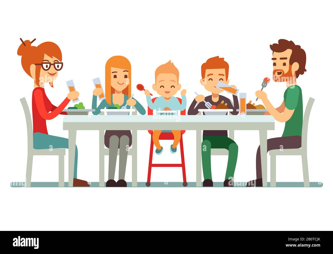 Happy big family eating dinner together vector illustration. Family together dining, mother father with children Stock Vector