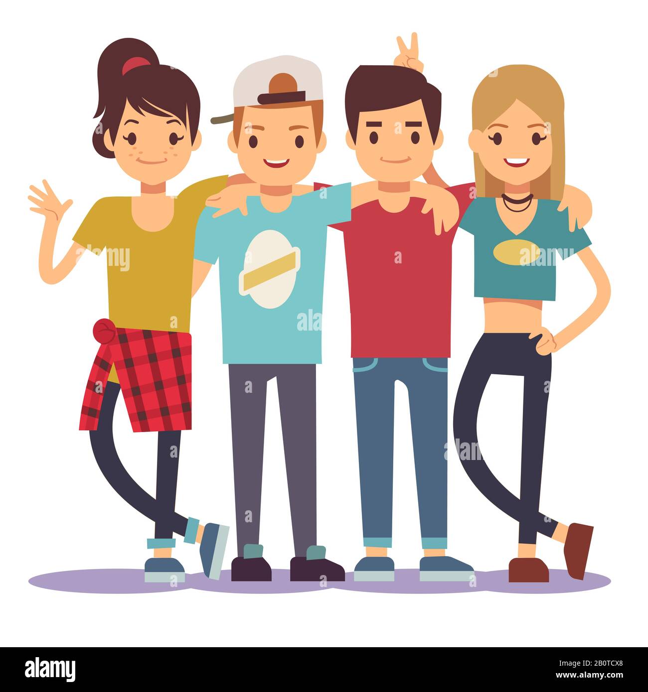 Smiling young hugging friends. Adolescentes friendship vector concept.  Friendship together illustration, cartoon gilrs and boys friends Stock  Vector Image & Art - Alamy