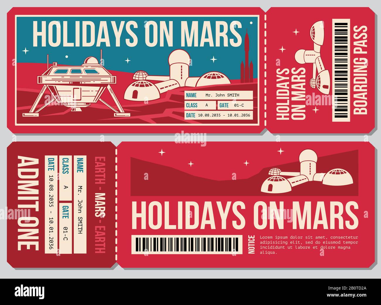 Travel voucher vector ticket. Holiday on Mars promo action. Ticket to mars planet, illustration of ticket voucher travel Stock Vector