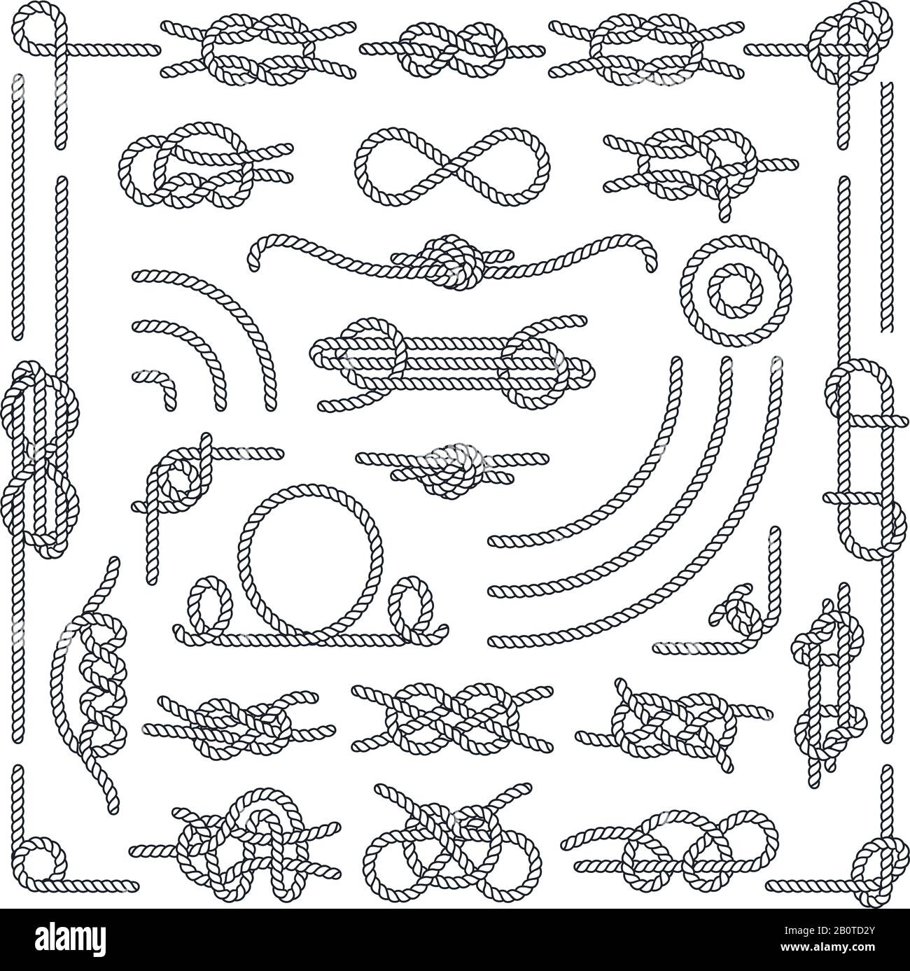 Nautical rope knots vector decorative vintage elements. Set of rope