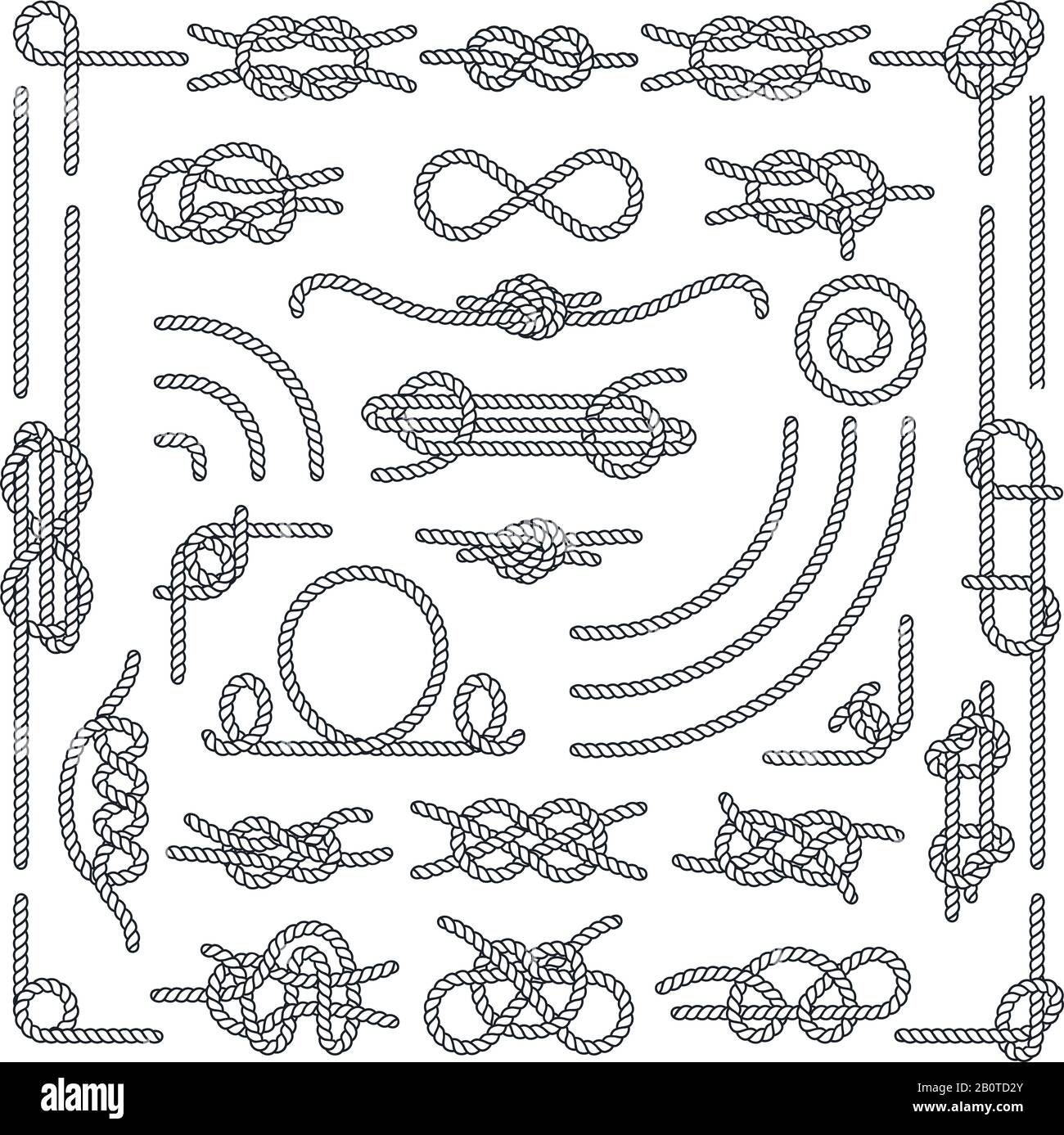 Nautical rope knots vector decorative vintage elements. Set of rope knots, illustration of vintage rope marine Stock Vector