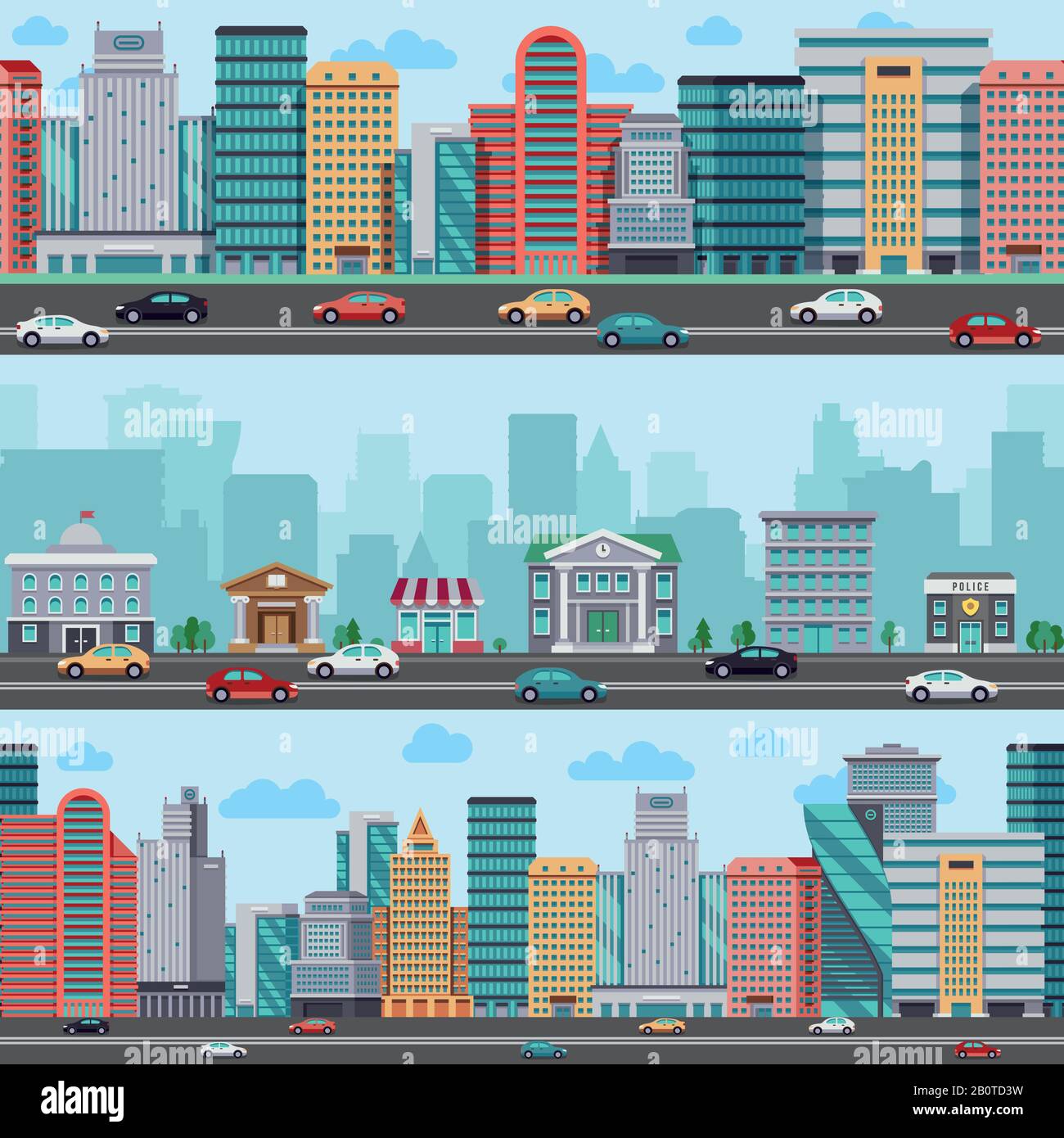 City street with cars and buildings. Vector wrapper panoramic urban design. Town street, illustration of urban building town Stock Vector