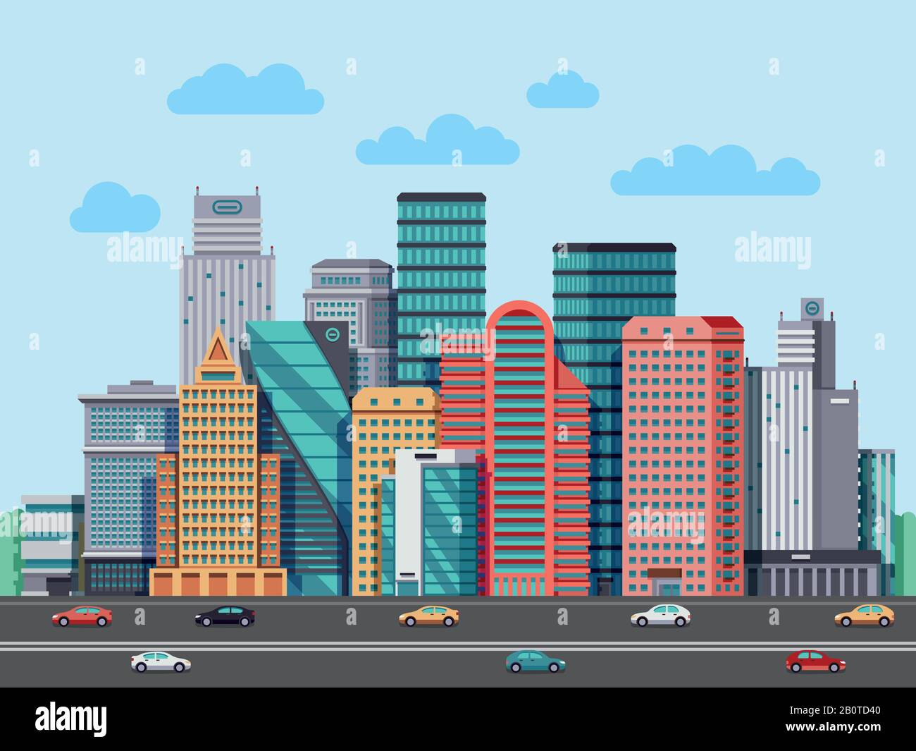City buildings panorama. Urban architecture vector cityscape background. Architecture buildings cityscape, illustration of urban buisness building district Stock Vector