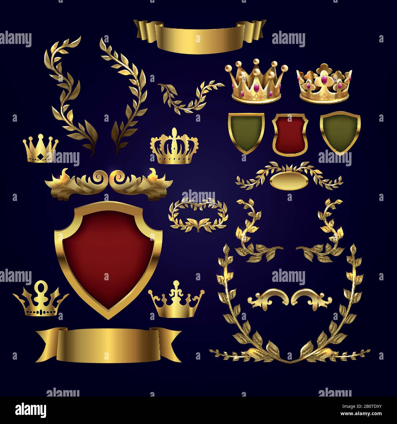 Golden vector heraldic elements. Kings crowns, laurel wreath and royal