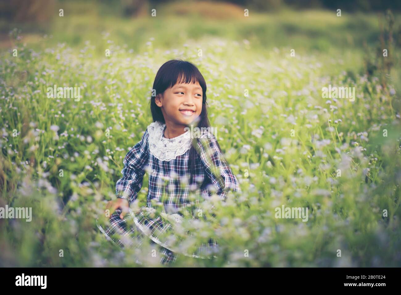 Happy girl sitting on the meadow Stock Photo - Alamy