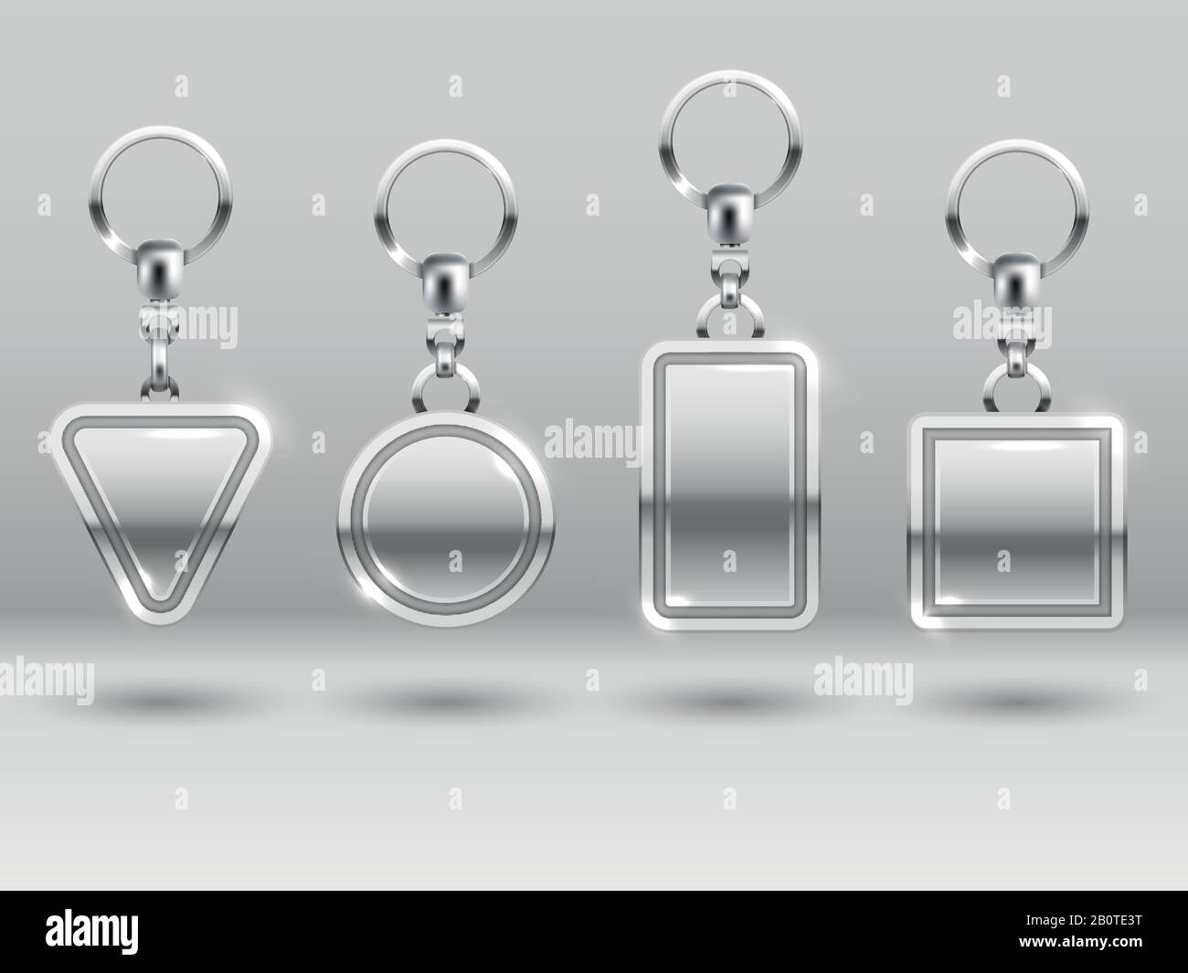 Silver keychains in different shapes for house door vector templates. Metal keychain or trinket, illustration of realistic keyring template Stock Vector