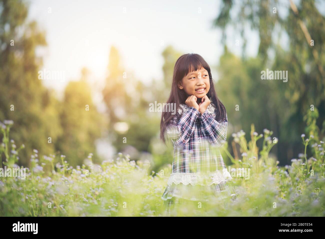 Happy little girl standing in the meadow Stock Photo - Alamy