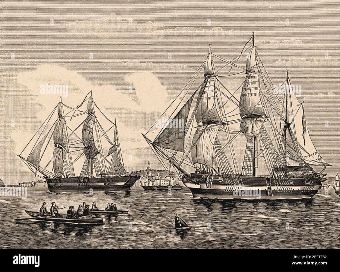 JOHN FRANKLIN (1786-1847) Royal Navy officer. HMS Erebus at right and HMS Terror  set sail from Greenhithe, England, on 19 May 1845 on their Northwest Passage expedition. Stock Photo
