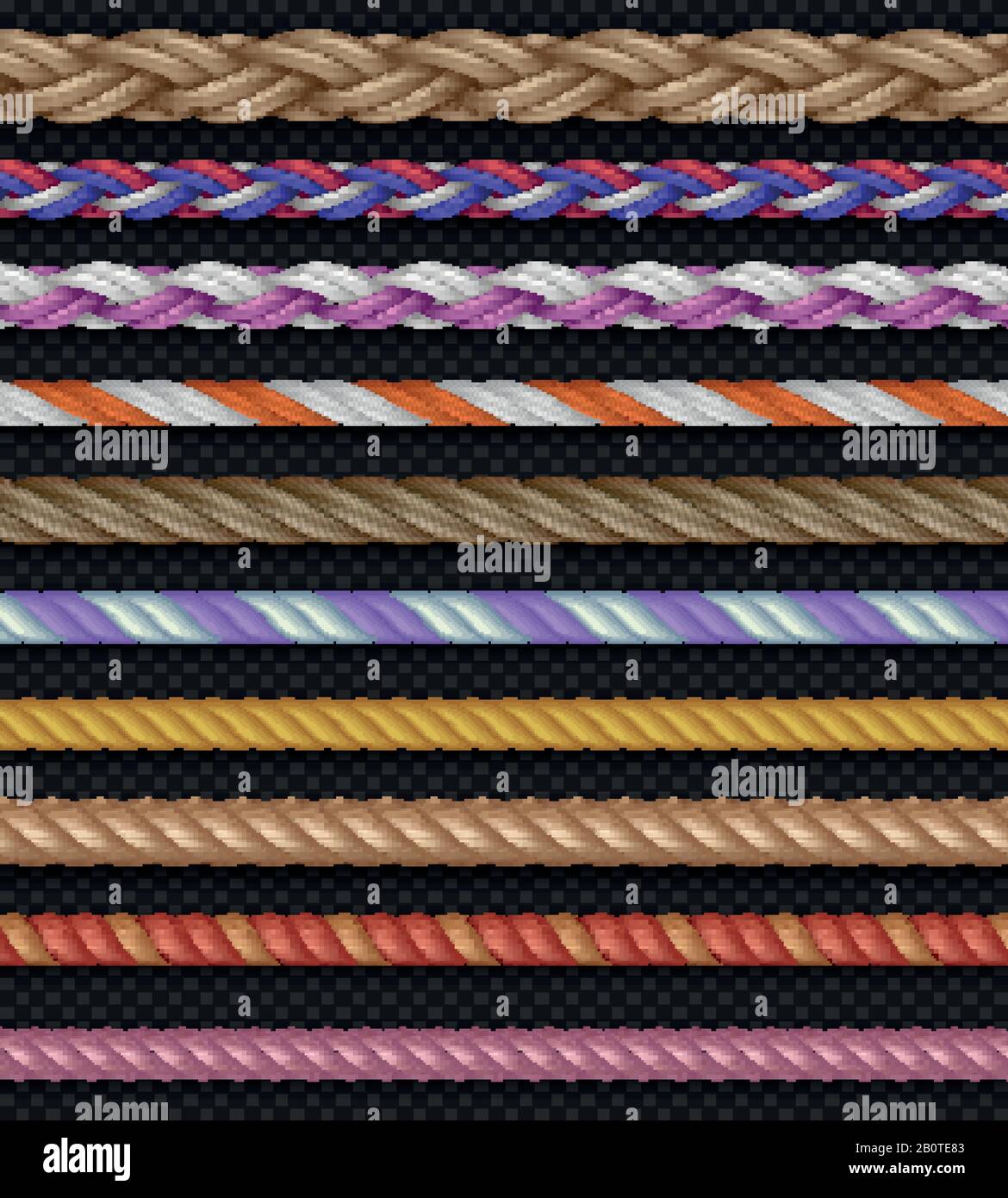 Seamless vector straight ropes and strings isolated on transparent background. Set of colored ropes, illustration of different rope Stock Vector