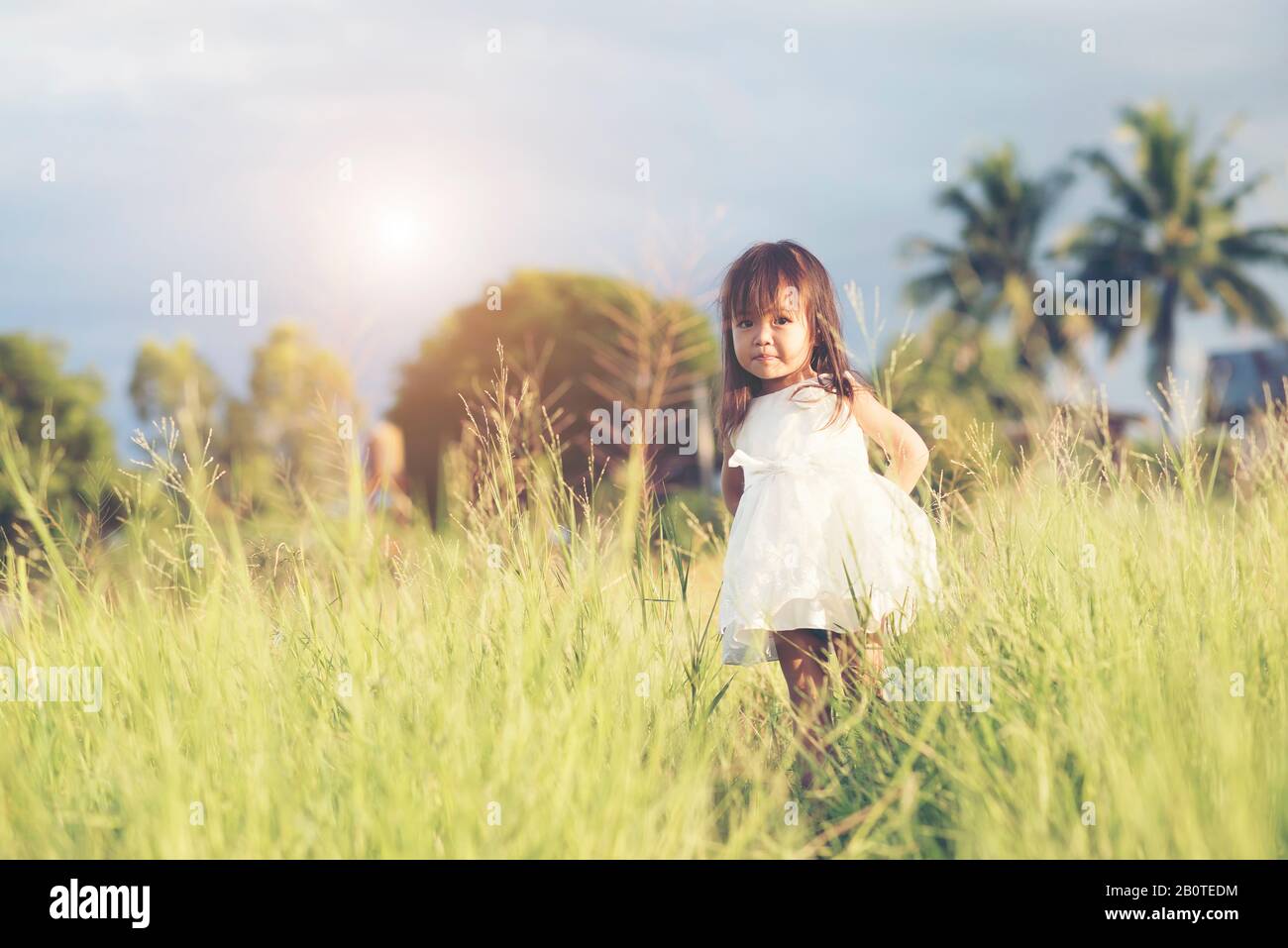 Happy little girl standing in the meadow Stock Photo - Alamy