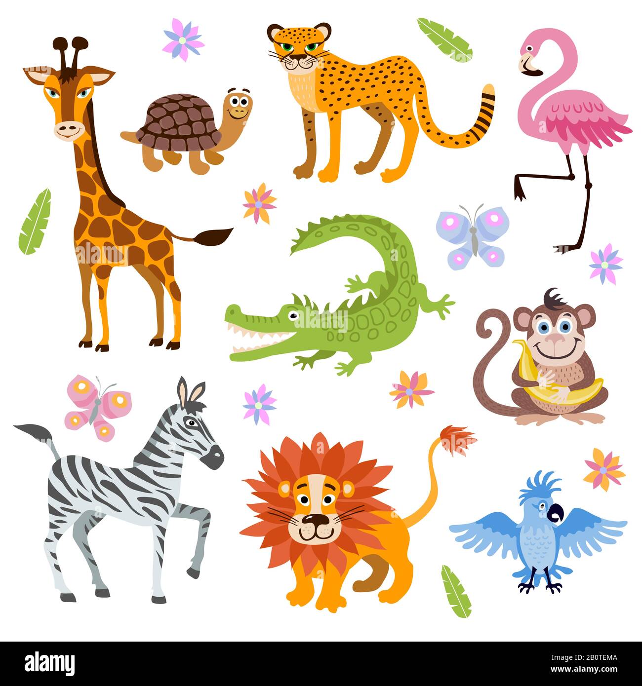 Cute jungle and safari animals vector set for kids book. Cartoon jungle