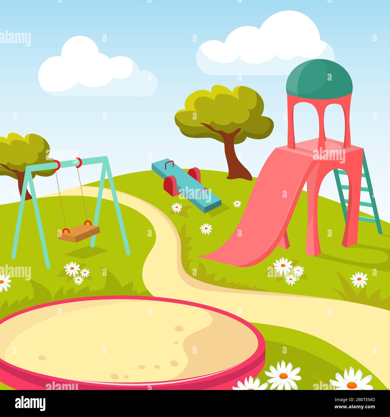 Recreation children park with play equipment vector illustration. Playground for game recreational Stock Vector
