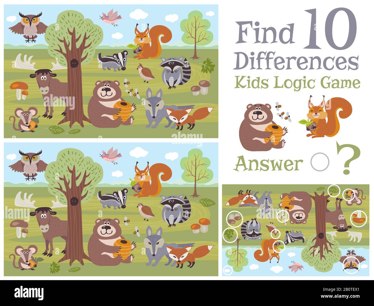 Find differences educational kids game with forest animal characters vector illustration. Children game template banner Stock Vector