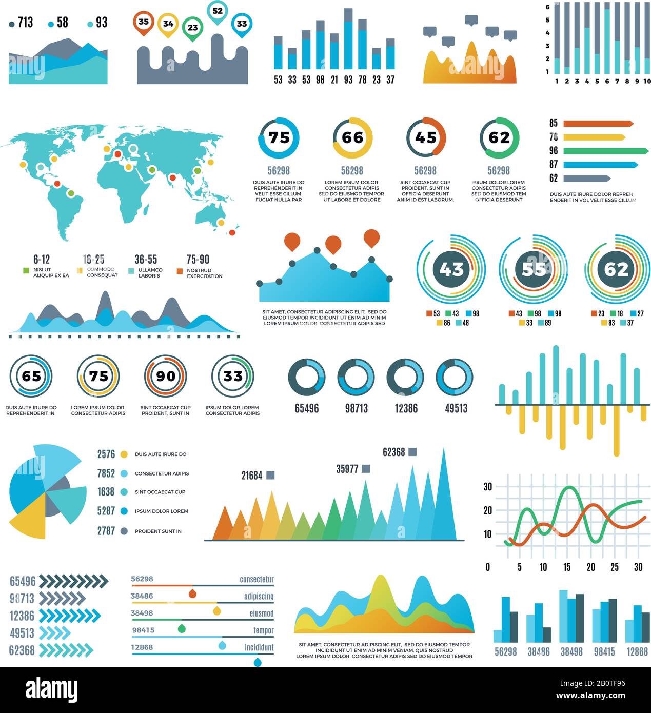 Business demographics and statistics infographic elements with colourful charts, diagrams and graph vector set. Illustration of colored chart and graph report Stock Vector