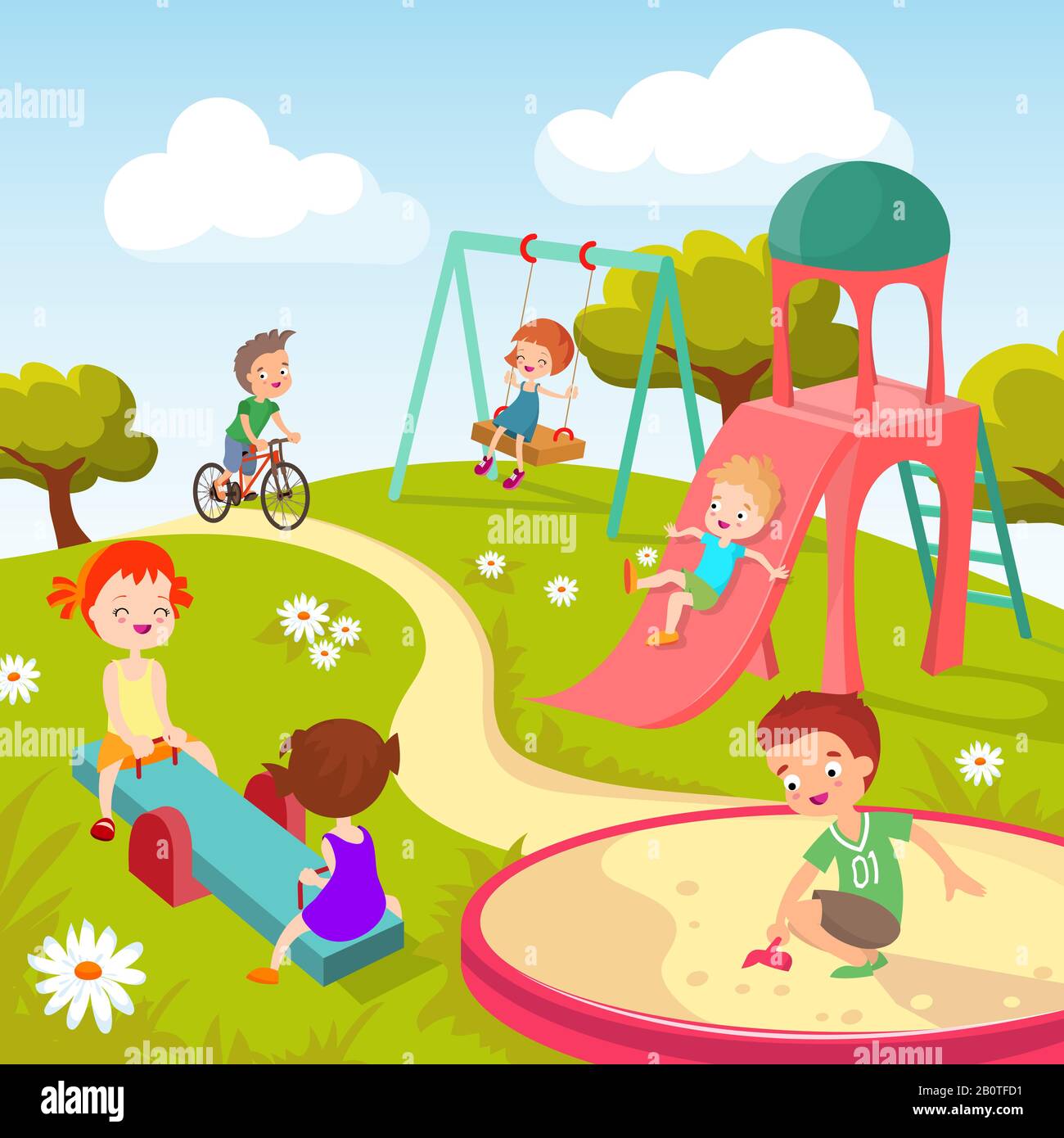 Cute children at playground. Happy children playing in summer park vector background. Kindergarten with boy and girl, illustration of childhood in park Stock Vector