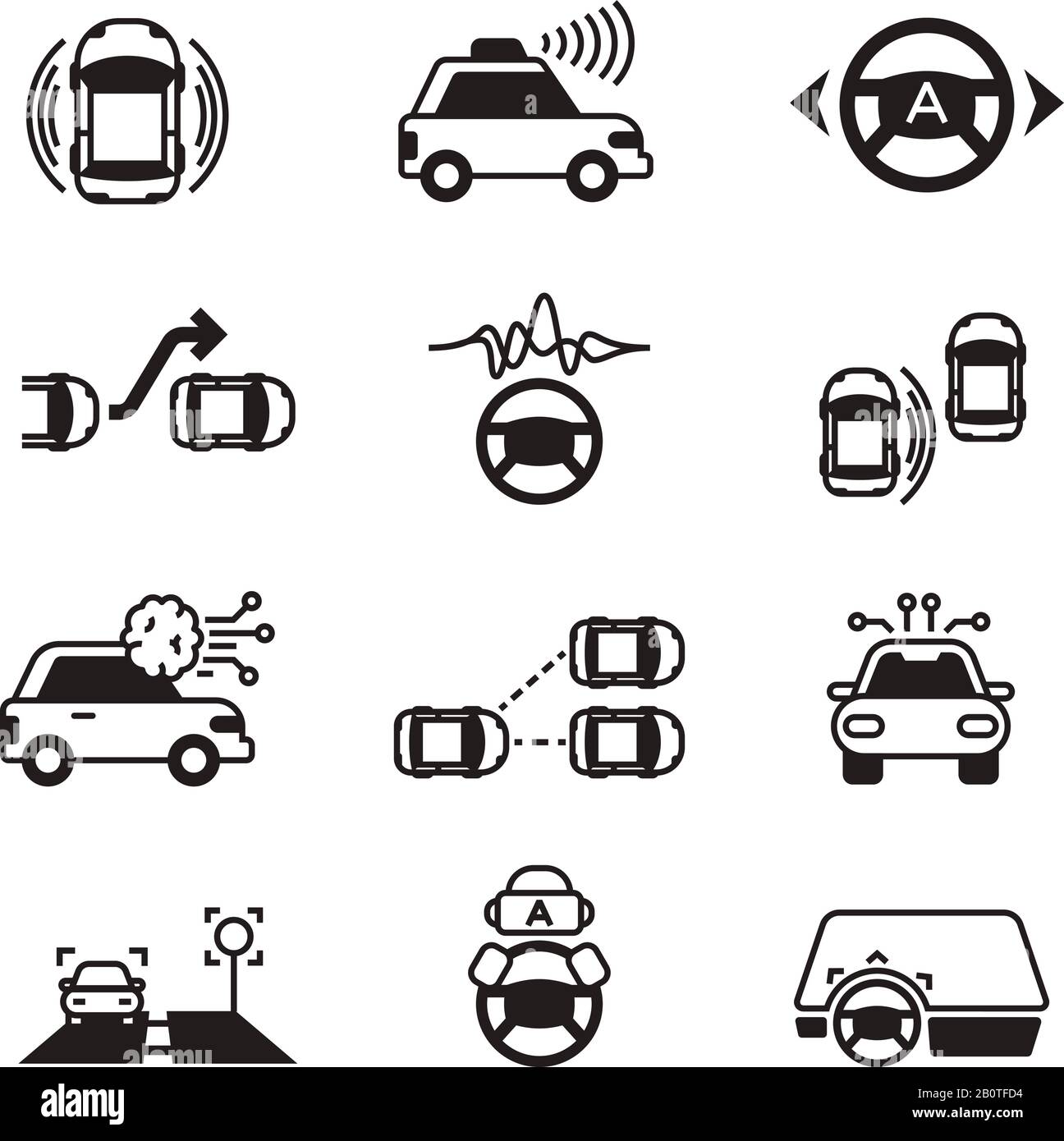 Car self control, futuristic driving intelligent vehicle systems vector icons. Smart car control, autonomous navigation for car illustration Stock Vector