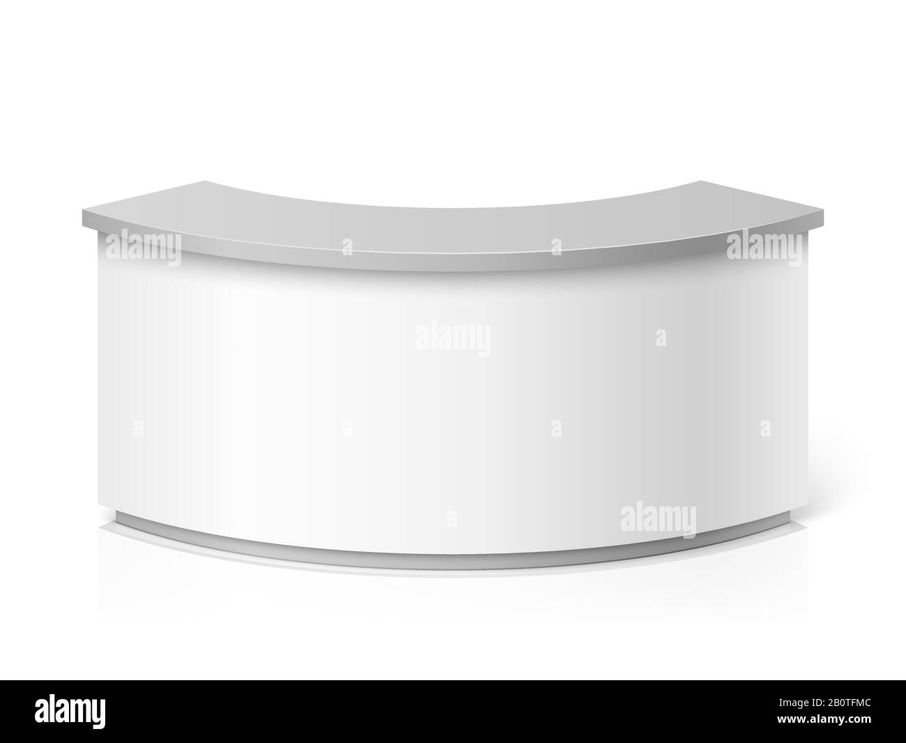 White blank modern reception. Round information desk or exhibition counter vector illustration. Counter for reception and helping service stand Stock Vector