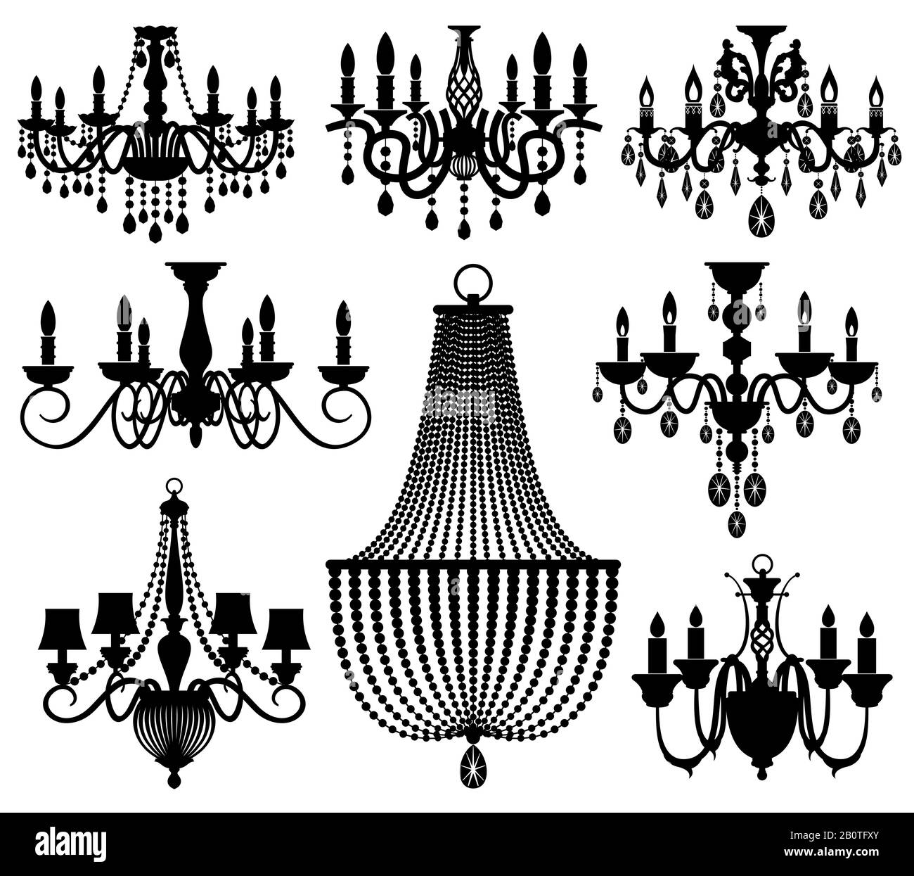 Vintage crystal chandeliers vector silhouettes isolated on white. Black