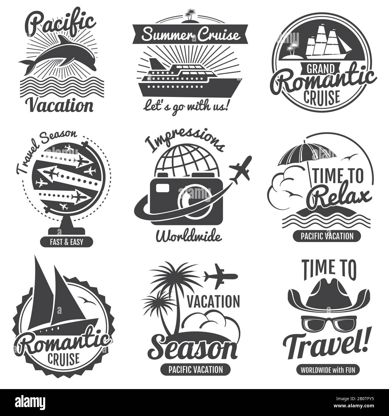 Vintage travel vector logo set. Adventure and label romantic cruise illustration Stock Vector
