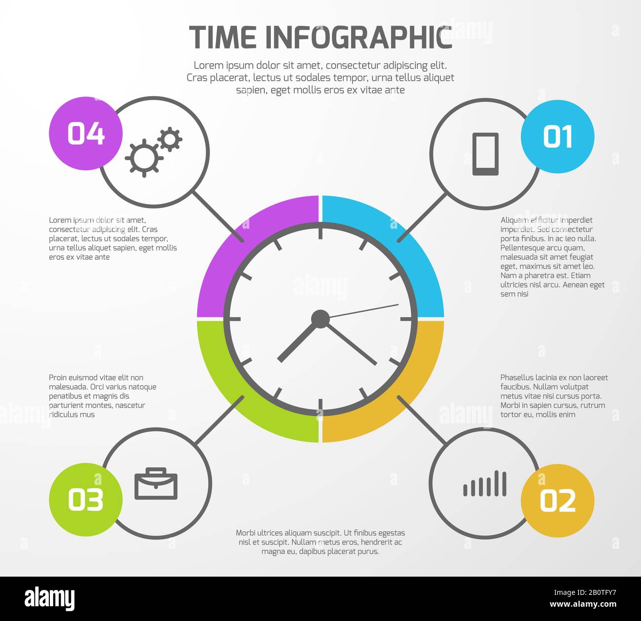 Presentation vector background with time management infographic, clock and options. Infographic for presentation business illustration Stock Vector