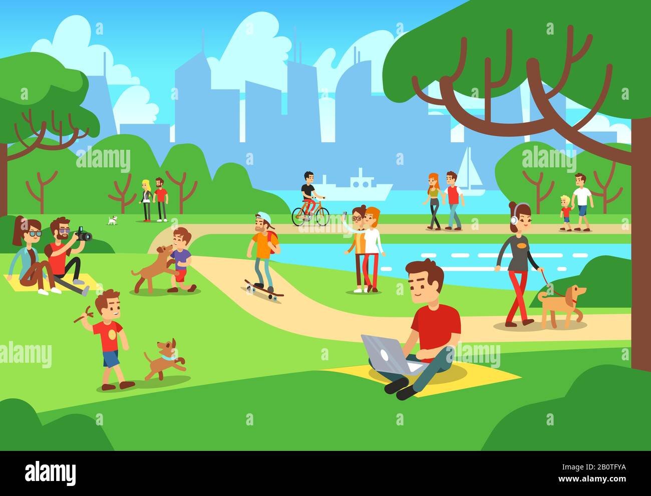 People in city park. Relaxing men and women outdoor with smart phones vector illustration. Urban green park with people relax Stock Vector
