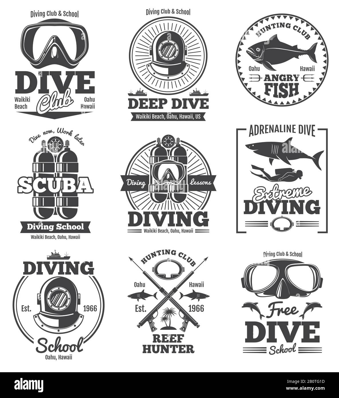 Underwater scuba diving club vector vintage emblems and labels. Sport freediving label, illustration of diving scuba club Stock Vector