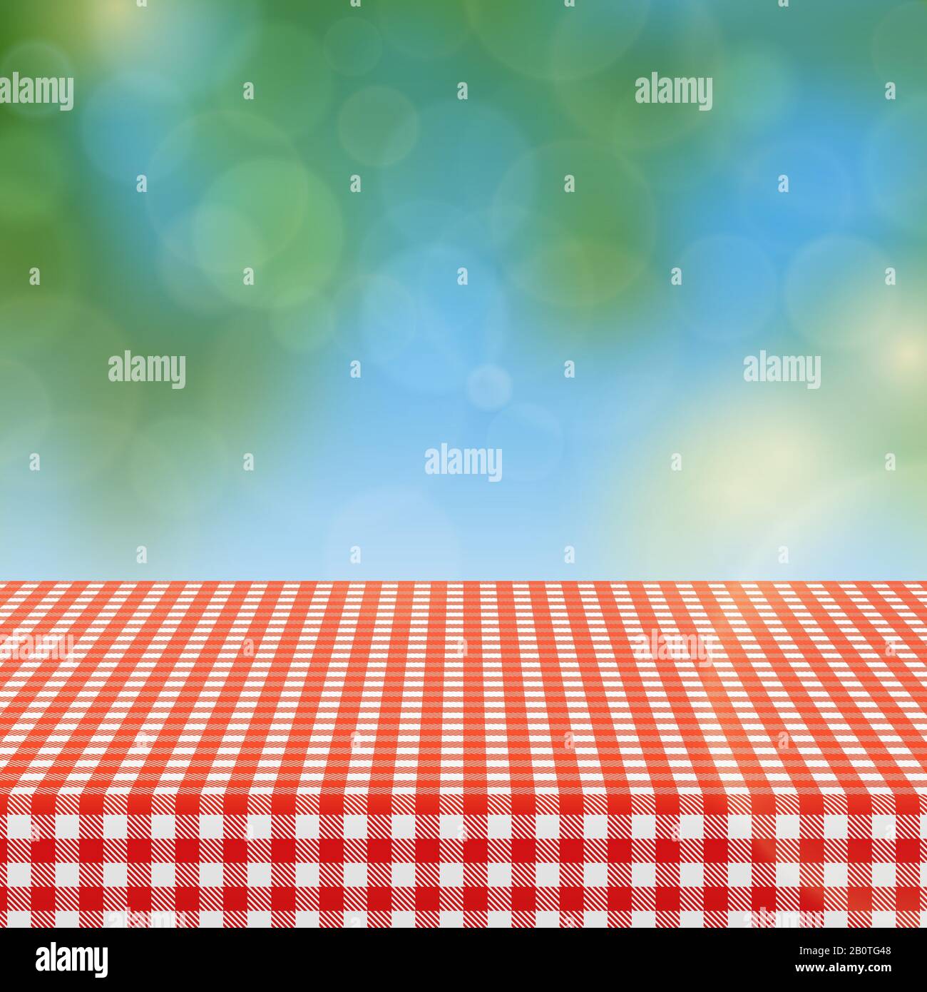 Picnic table with red checkered pattern of linen tablecloth and blurred nature background vector illustration. Checkered tablecloth textile for garden table Stock Vector