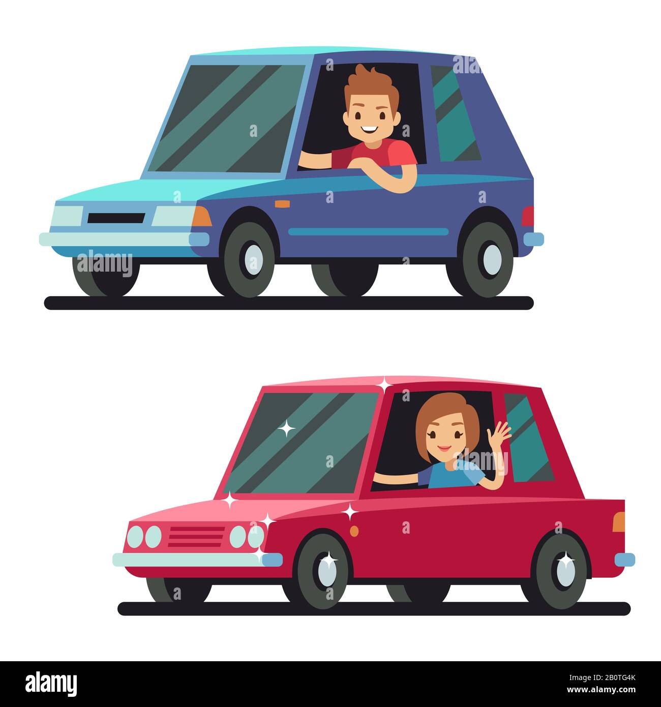 Young happy man and woman driver driving cars flat vector concept. Car drivers male, illustration of woman driving Stock Vector