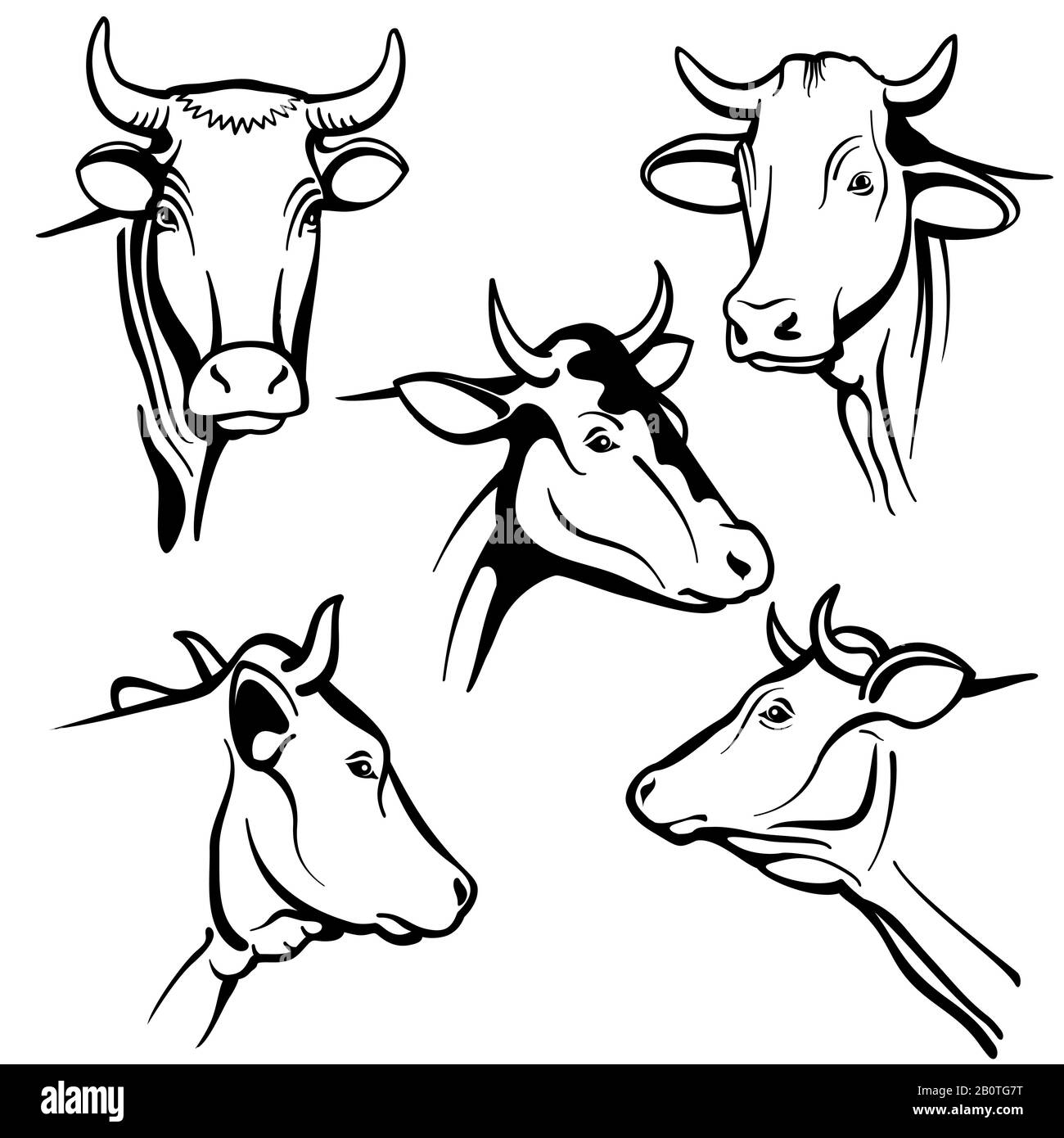 Isolated cow head vector portraits, cattle faces for farm natural dairy products packing. Cow animal head, illustration of black cattle cow Stock Vector