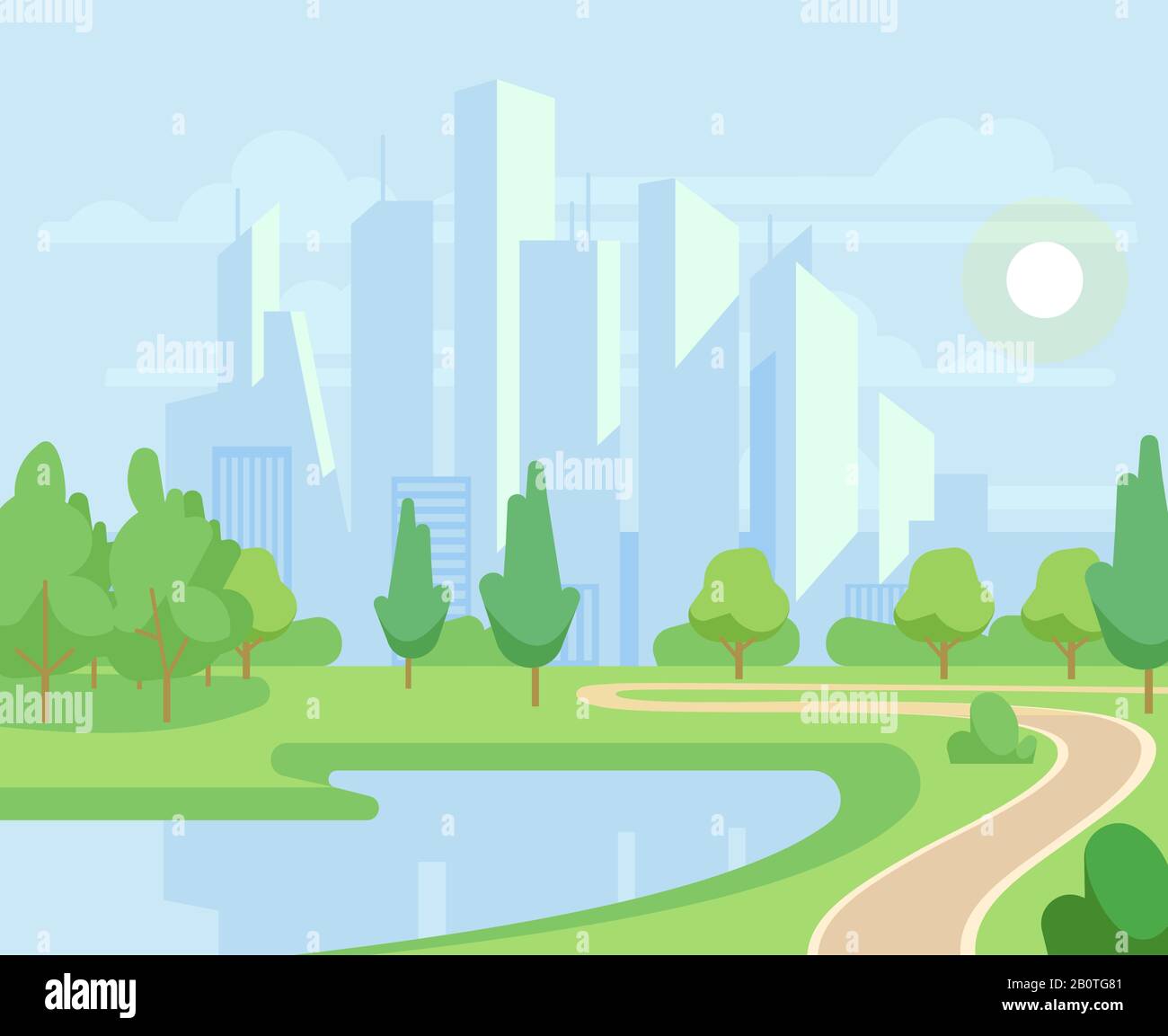 Spring or summer nature and green trees in city park with urban skyline vector illustration. Natural park with pond and green tree Stock Vector