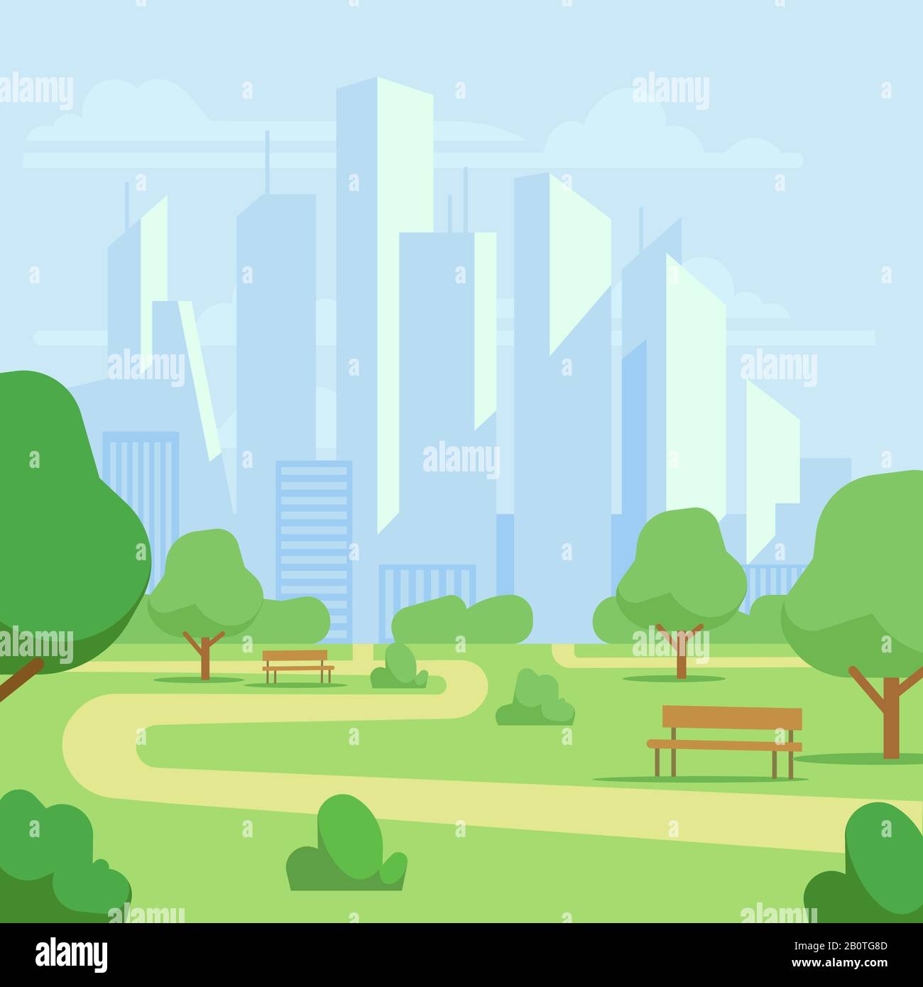 Cartoon public city park with skyscrapers cityscape vector illustration ...