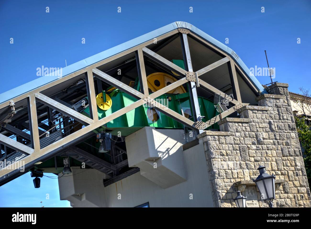 San Marino, San Marino - October 19, 2019: Cable car drive mechanism and housing Stock Photo