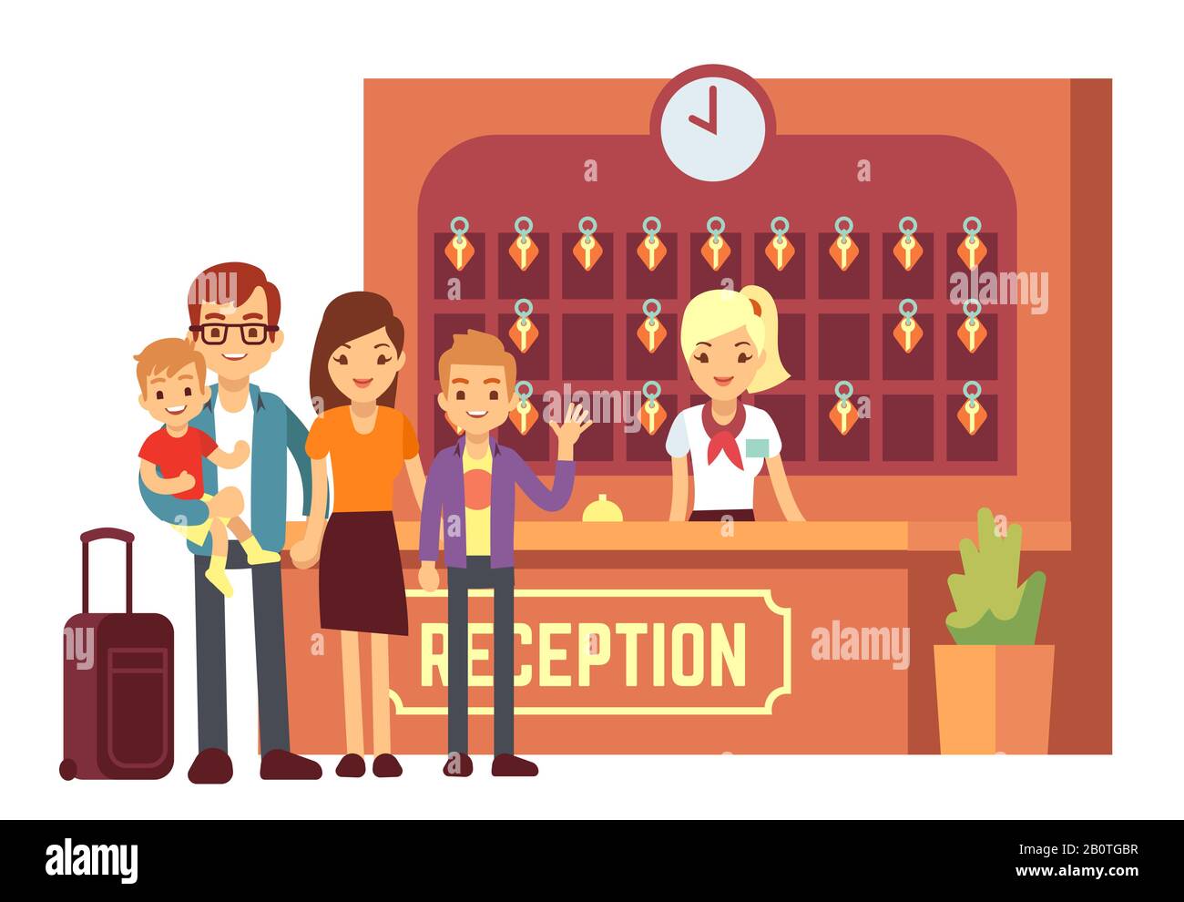Hotel reservation vector concept with young happy family at reception. People on holiday background. Hotel reception and family on vacation illustration Stock Vector