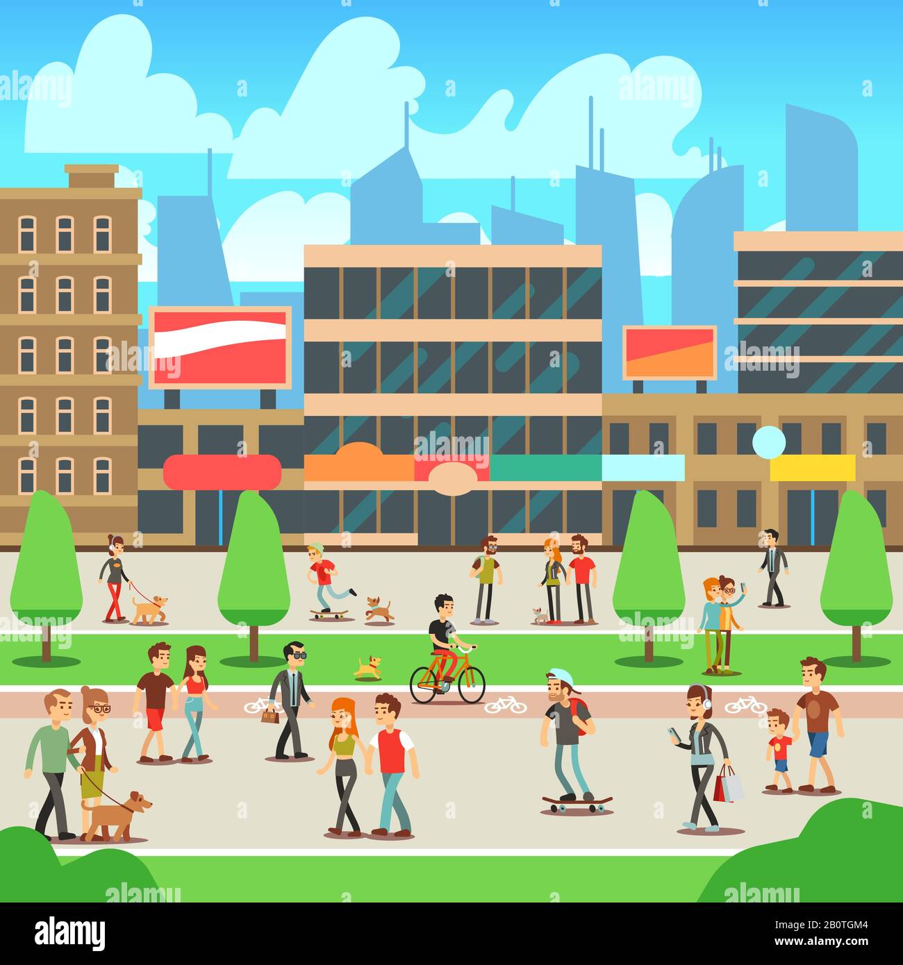People walking on city street with urban cityscape vector illustration ...